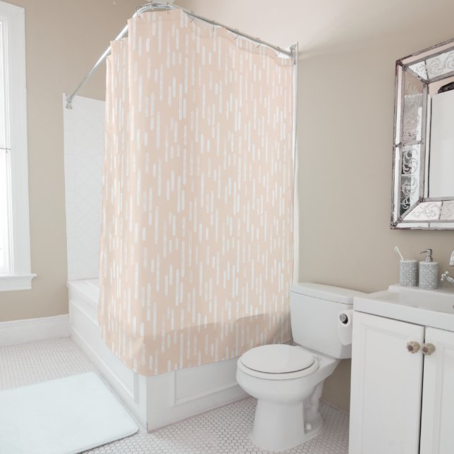 White on Pale Peach Inky Rounded Lines Pattern Shower Curtain (In Situ)