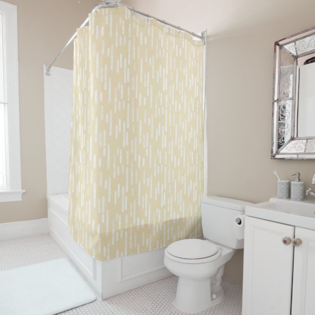 White on Pale Yellow Inky Rounded Lines Pattern Shower Curtain (In Situ)