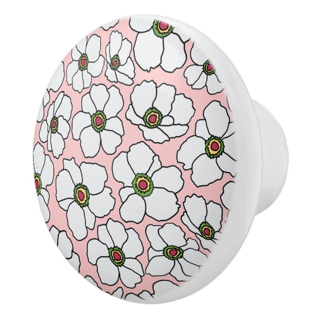 White On Pink Boho Wildflowers  Ceramic Knob (Right)