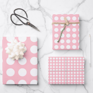 White on Pink Different Sizes Horiz. Polka Dots Wrapping Paper Sheet