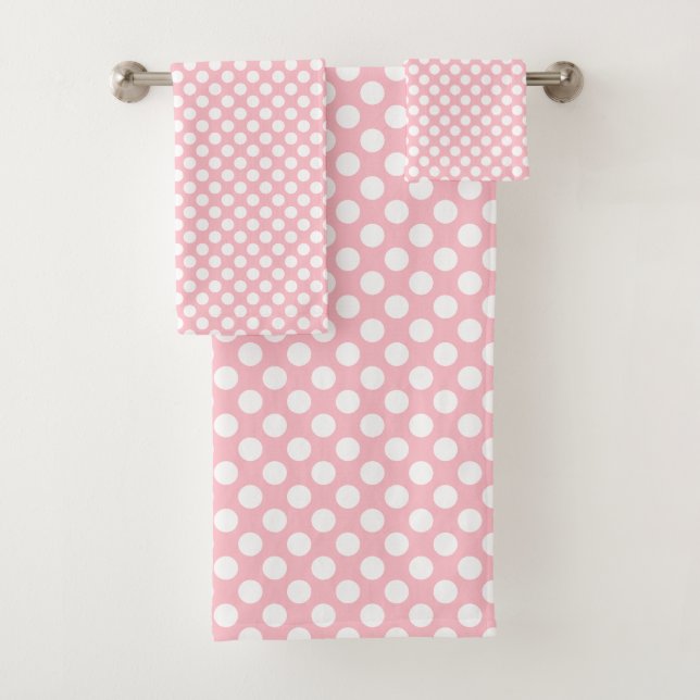 White on Pink Medium Size Polka Dots Bath Towel Set (Insitu)