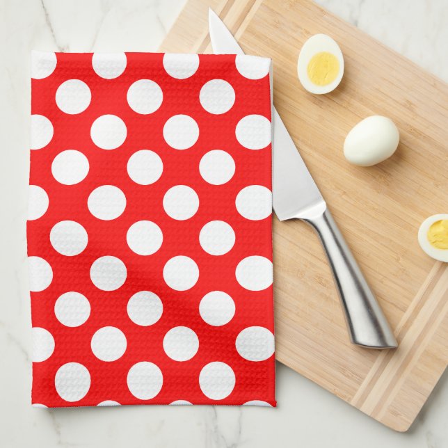 White on Red Large Size Polka Dots Tea Towel (Quarter Fold)