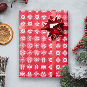 White on Red Nordic Sweater Snowflake Pattern Wrapping Paper