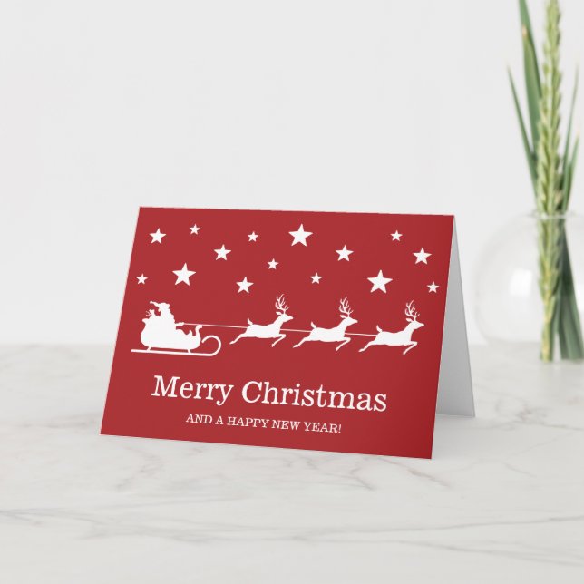 White On Red Santa Sleigh Reindeer Christmas Thank You Card (Front)