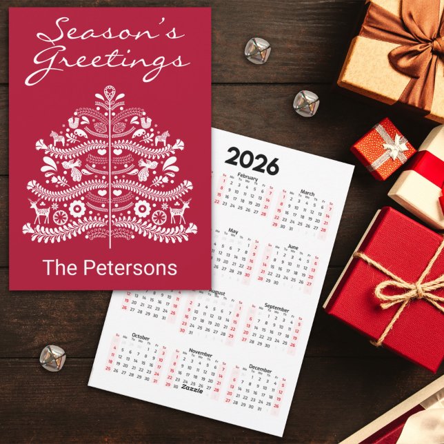 White on Red Scandinavian Christmas Tree Calendar Holiday Card (Creator Uploaded)