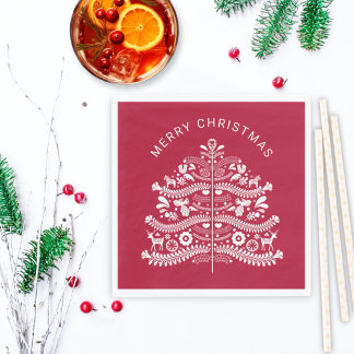 White on Red Scandinavian Christmas Tree Napkin