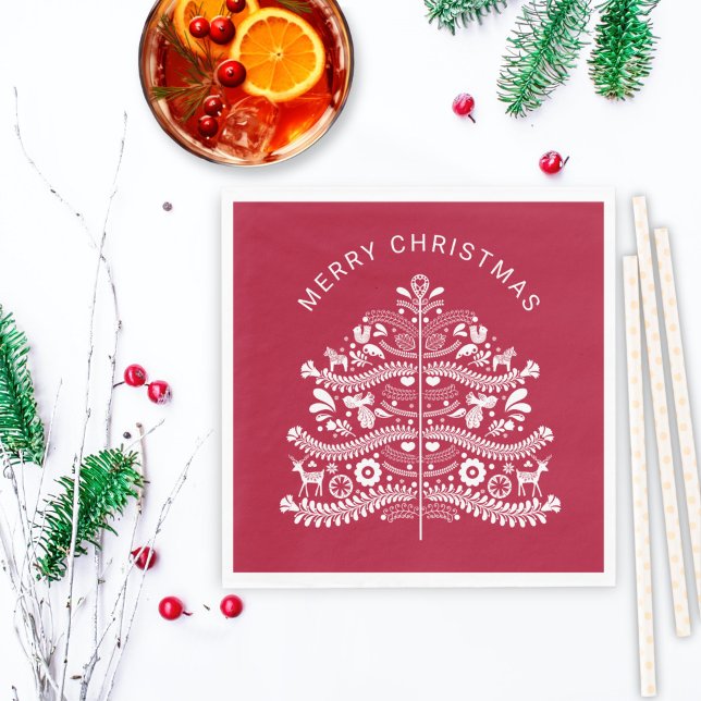 White on Red Scandinavian Christmas Tree Napkin (Creator Uploaded)