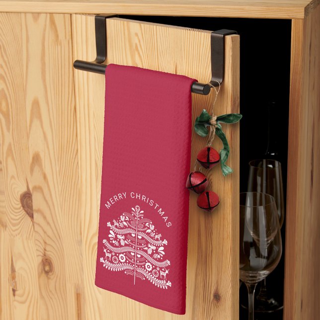 White on Red Scandinavian Christmas Tree Tea Towel (Creator Uploaded)