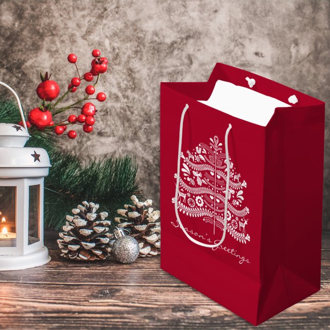 White on Red Scandinavian Nordic Christmas Tree Medium Gift Bag (Creator Uploaded)