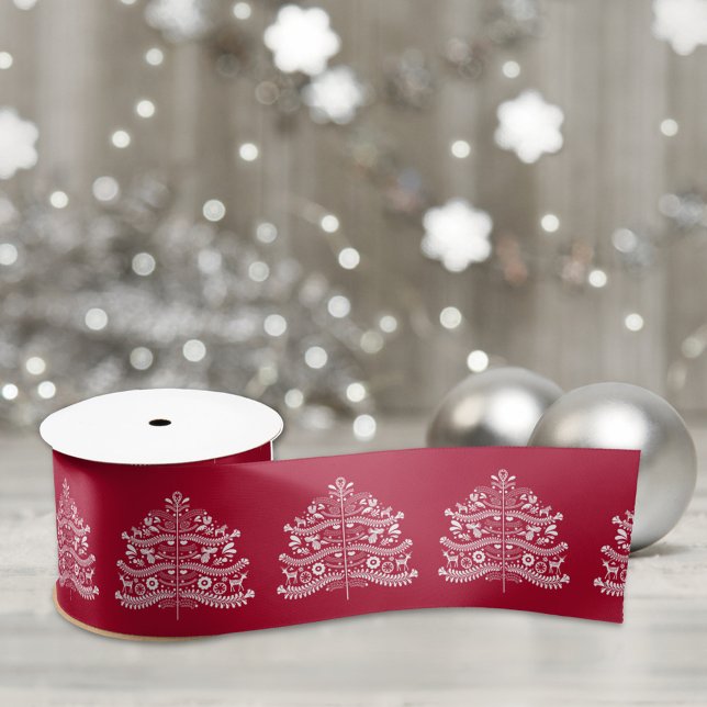 White on Red Scandinavian Nordic Christmas Tree Satin Ribbon (Creator Uploaded)