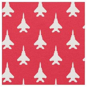 White on Red Strike Eagle Fighter Jet Pattern Fabric