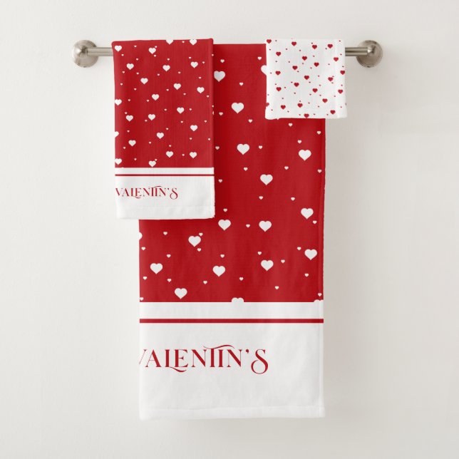 White on Red Valentine's hearts pattern Bath Towel Set (Insitu)