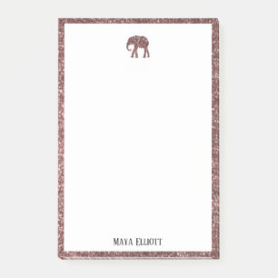 White on Rose Gold Faux Glitter Elephant & Border Post-it Notes