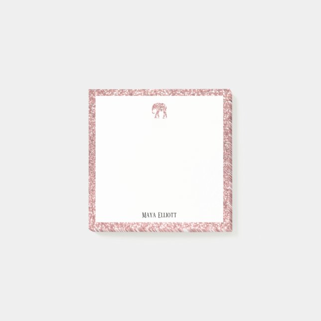 White on Rose Gold Faux Glitter Elephant & Border Post-it Notes (Front)