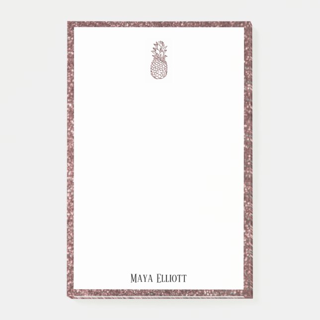 White on Rose Gold Faux Glitter Pineapple & Border Post-it Notes (Front)