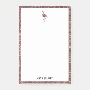 White on Rose Gold Glitter Flamingo & Border, Name Post-it Notes