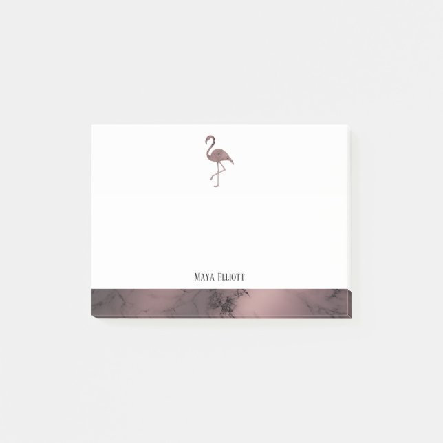White on Rose Gold Marble, Flamingo & Border, Name Post-it Notes (Front)