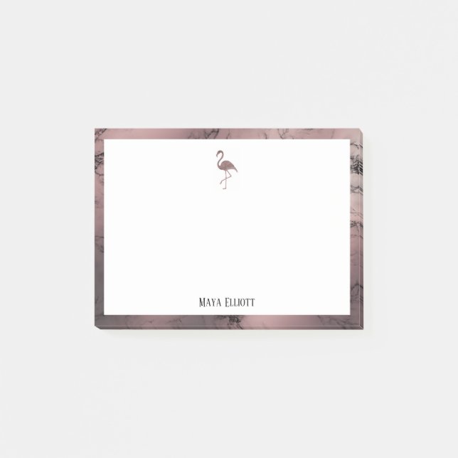 White on Rose Gold Marble, Flamingo & Border, Name Post-it Notes (Front)