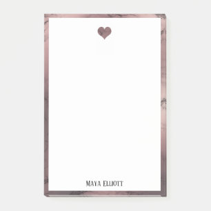 White on Rose Gold Marble, Heart & Border, Name Post-it Notes