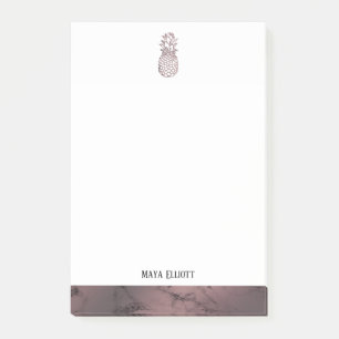 White on Rose Gold Marble Pineapple & Border, Name Post-it Notes