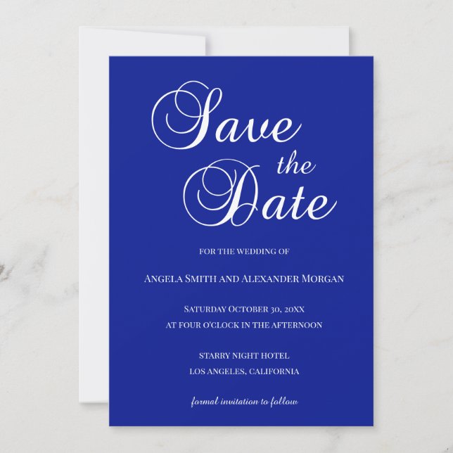 White on Royal Blue Decorative Script Save The Date (Front)