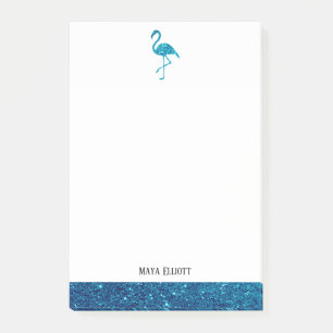 White on Teal Faux Glitter Flamingo & Border, Name Post-it Notes