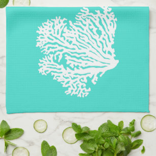 White On Turquoise Coastal Decor Coral Tea Towel