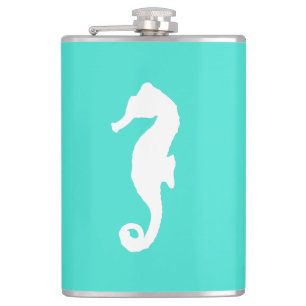 White On Turquoise Coastal Decor Seahorse Hip Flask