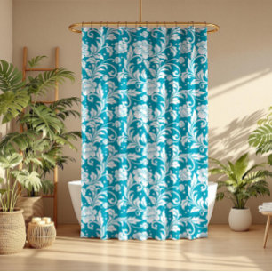 White on Turquoise Floral Damask Pattern Shower Curtain