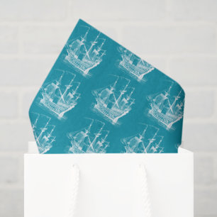 White on Turquoise Wind Sailing Boat Pattern Tissue Paper