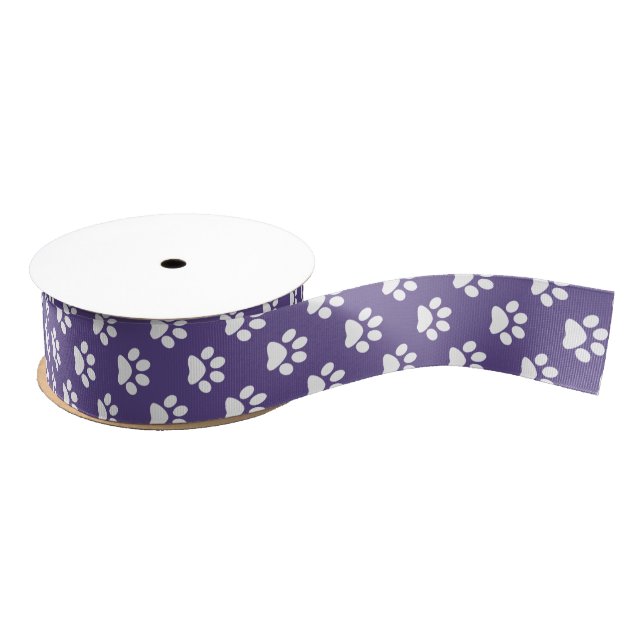 White on Ultra Violet Cat/Dog/Animal Paw Print Grosgrain Ribbon (Spool)