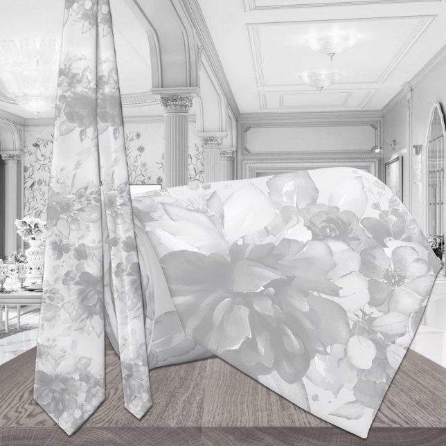 White On White Cascading Peonies Pale Grey Wedding Tie (Creator Uploaded)