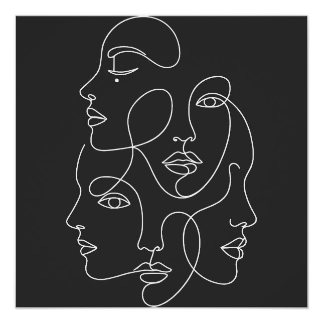 White One Line Faces Abstract Black Art Poster (Front)