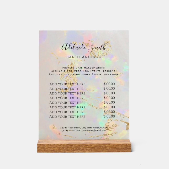 white opal background price list beauty salon acrylic sign (Front)