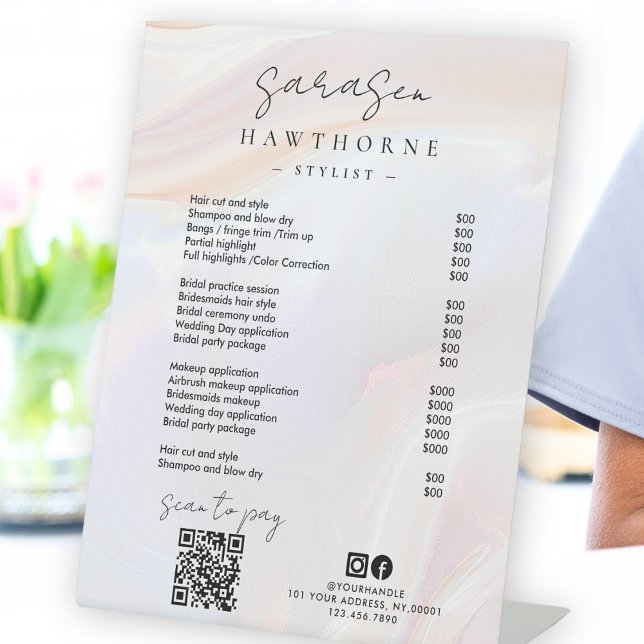 White Opal Price List Holographic Scan to Pay QR Pedestal Sign (Creator Uploaded)
