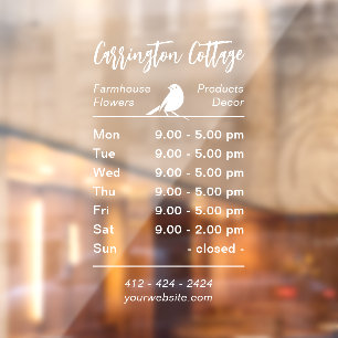 White Opening Hours. Custom Business Window Decal