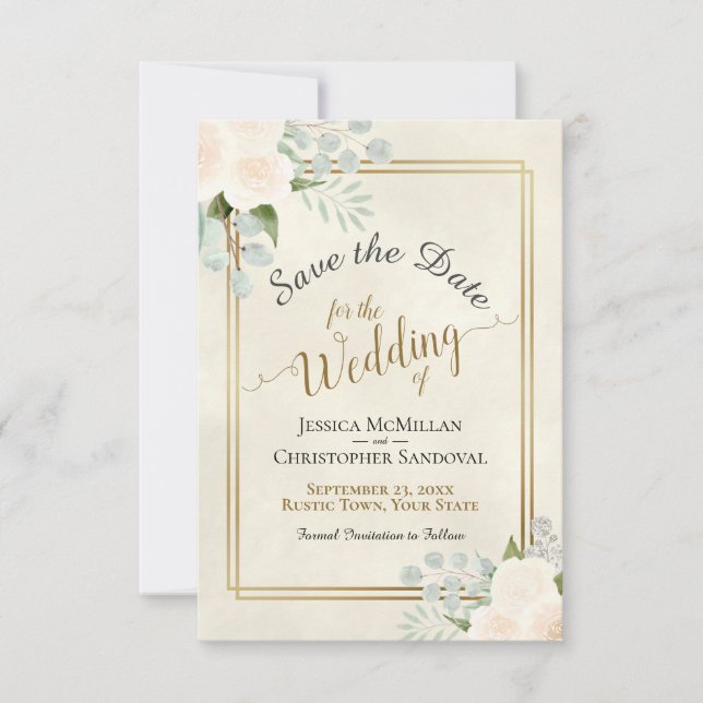 White or Peach Roses & Eucalyptus Boho Wedding Save The Date (Front)