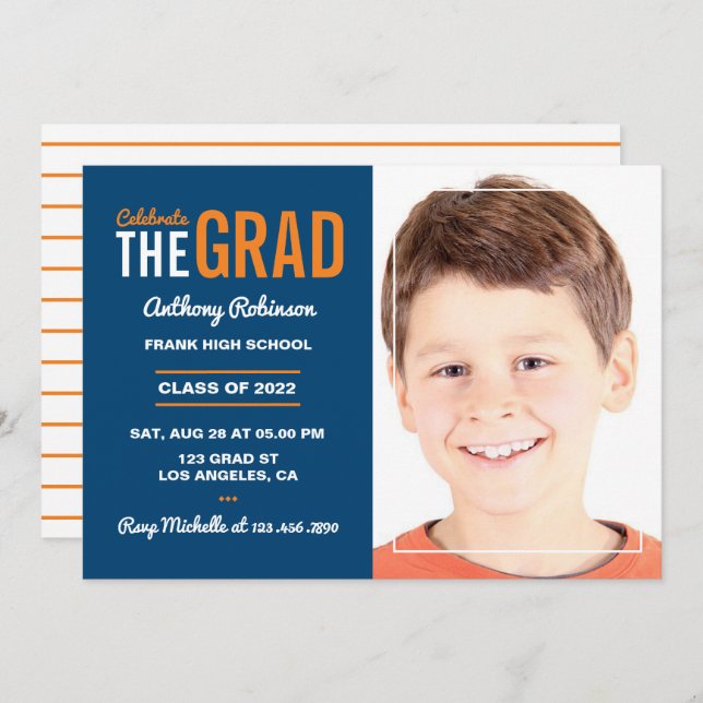 White, Orange and Navy Blue Graduation Party Invitation (Front/Back)