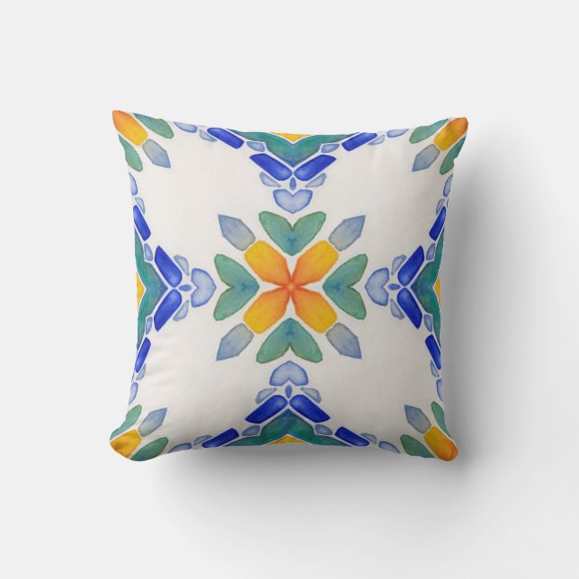 White orange blue green mosaic tile pattern cushion (Front)