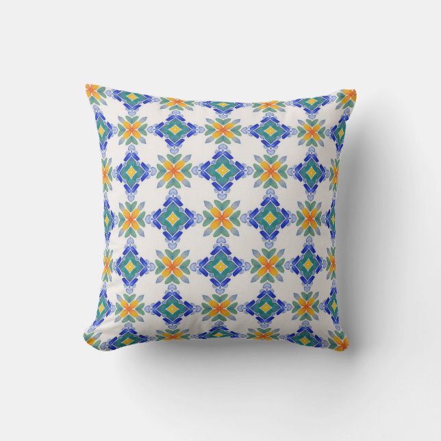 White orange blue green mosaic tile pattern cushion (Front)