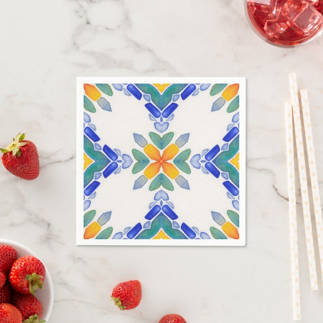 White orange blue green mosaic tile pattern napkin (Insitu)