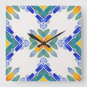 White orange blue green mosaic tile pattern square wall clock