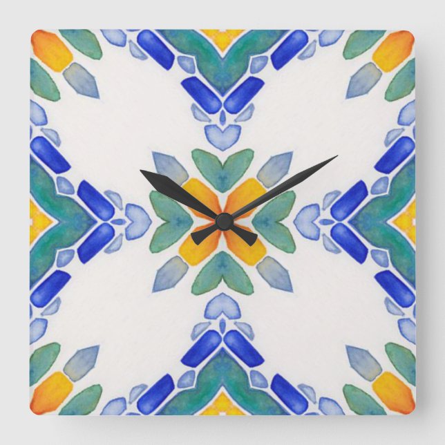 White orange blue green mosaic tile pattern square wall clock (Front)