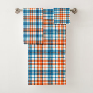 White Orange Blue Plaid Tartan Design  Bath Towel Set