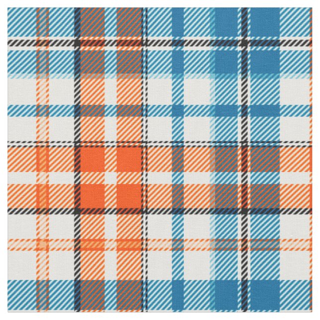 White Orange Blue Plaid Tartan Design  Fabric (Close Up)
