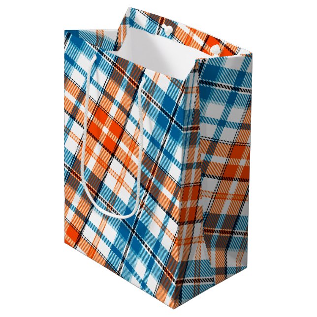 White Orange Blue Plaid Tartan Design  Medium Gift Bag (Front Angled)