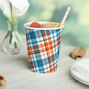 White Orange Blue Plaid Tartan Design Paper Cups