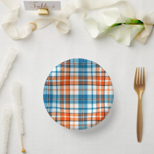 White Orange Blue Plaid Tartan Design Paper Plate