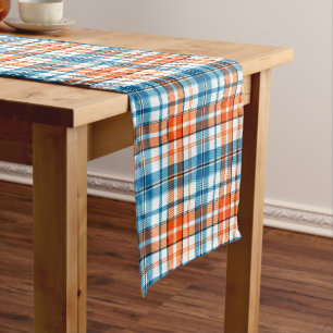 White Orange Blue Plaid Tartan Design  Short Table Runner
