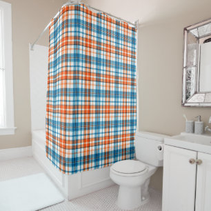 White Orange Blue Plaid Tartan Design Shower Curtain